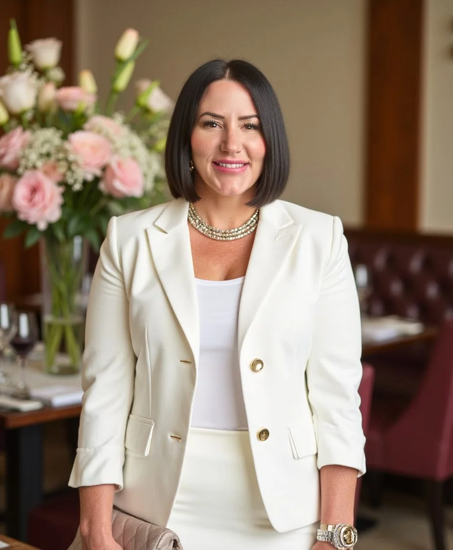 Tonya Call in a cream blazer beside pale flowers